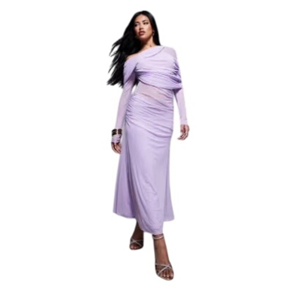 ASOS DESIGN Maxi Dress Women 6 Purple Mesh Ruched Off Shoulder Drape Romantic